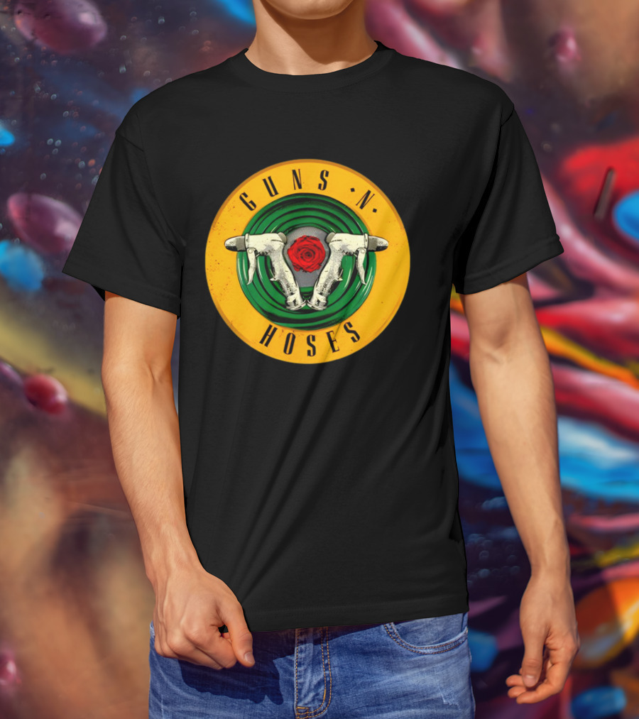 Guns N Hoses Firefighter Hydrant Nozzle Cross With Rose Circle Emblem T-Shirt