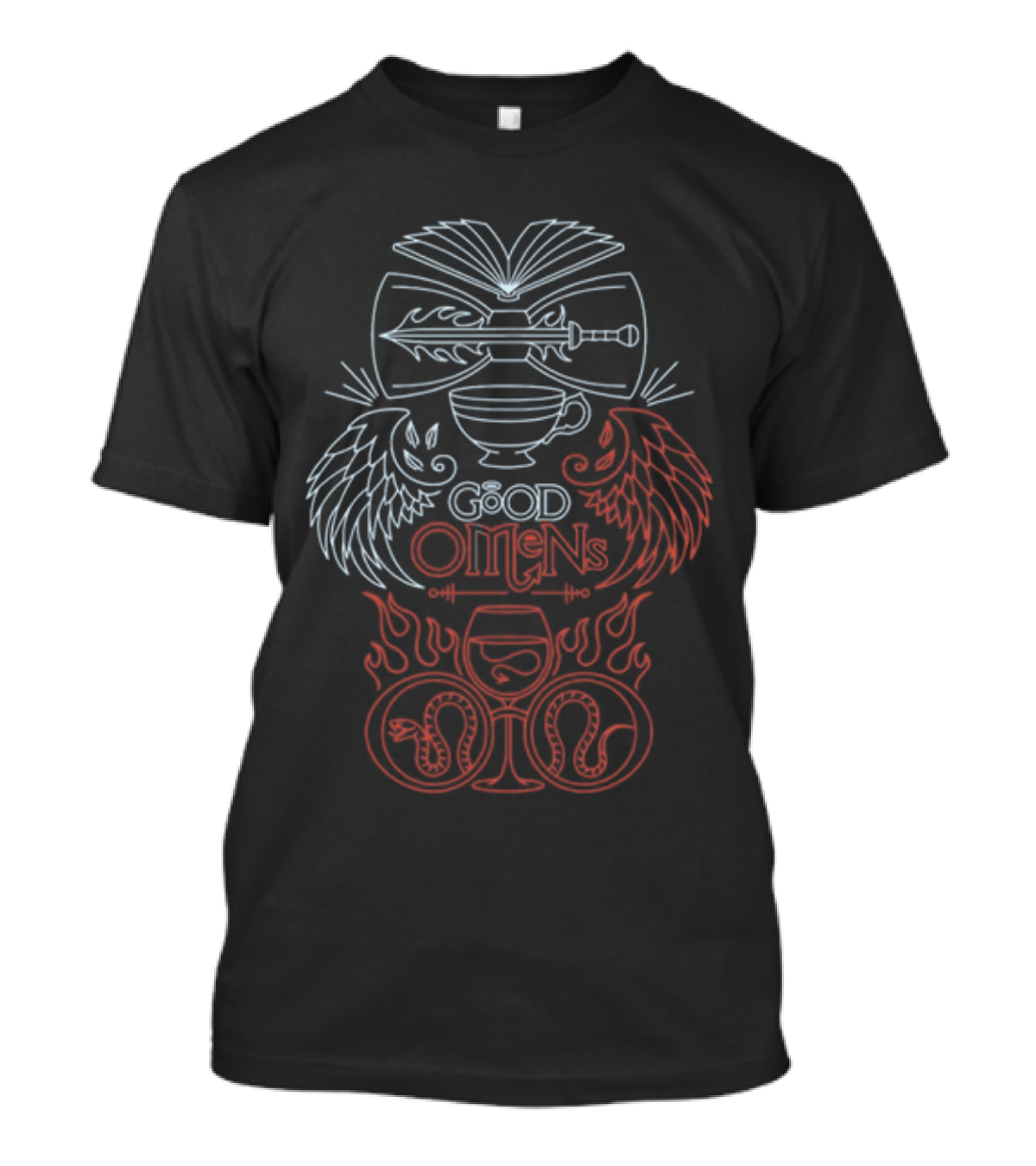 Autistjcgraham Good Omens Blu E Rossi Emblemi Doppio Angelo Spade E Serpenti Caduceo Maglietta T-Shirt