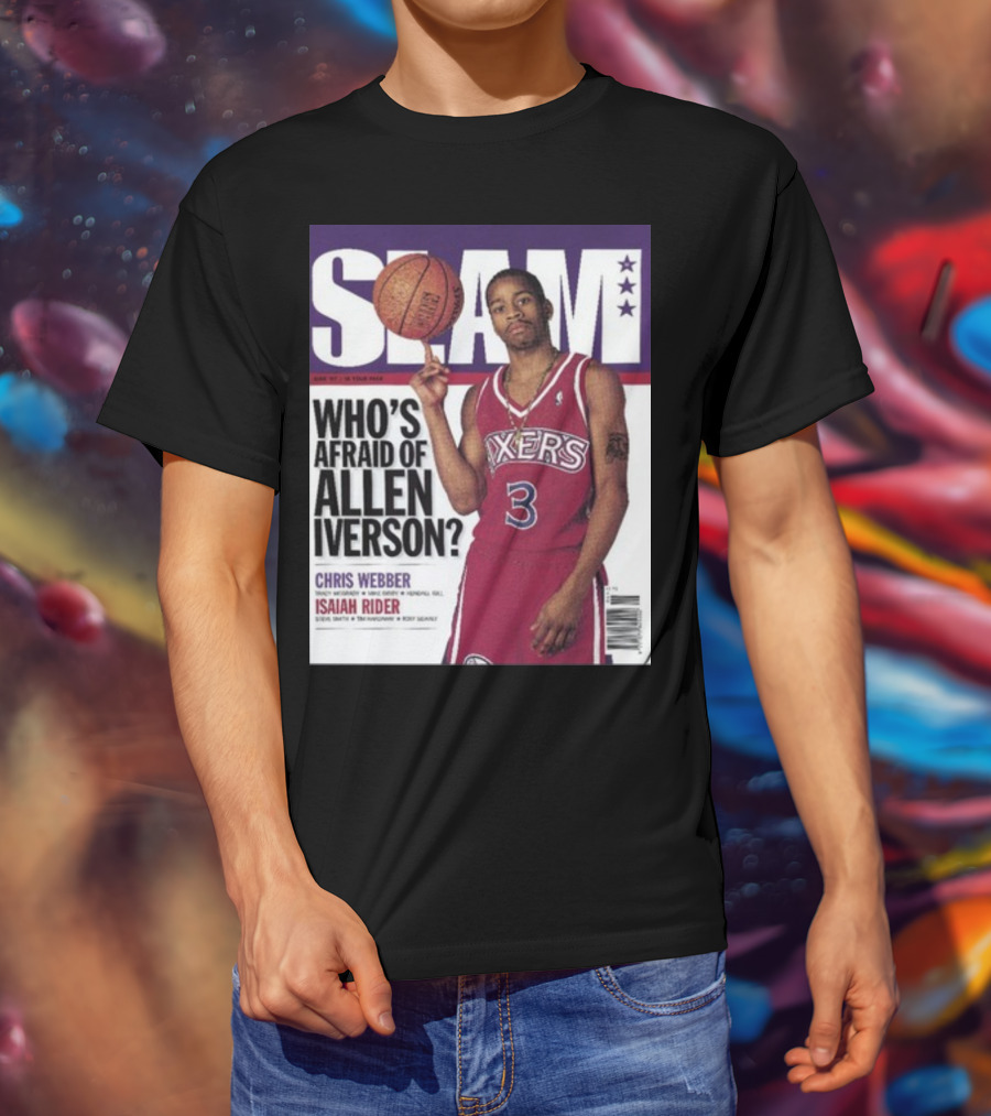 Slam Magazine Cover: Allen Iverson In Sixers Jersey With Who's Afraid Of Allen Iverson Headline T-Shirt