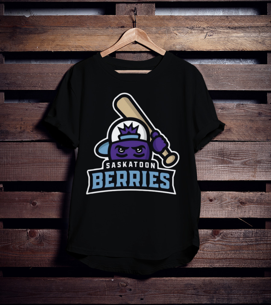 Saskatoon Berries Baseball Mascot With Crown And Bat T-Shirt