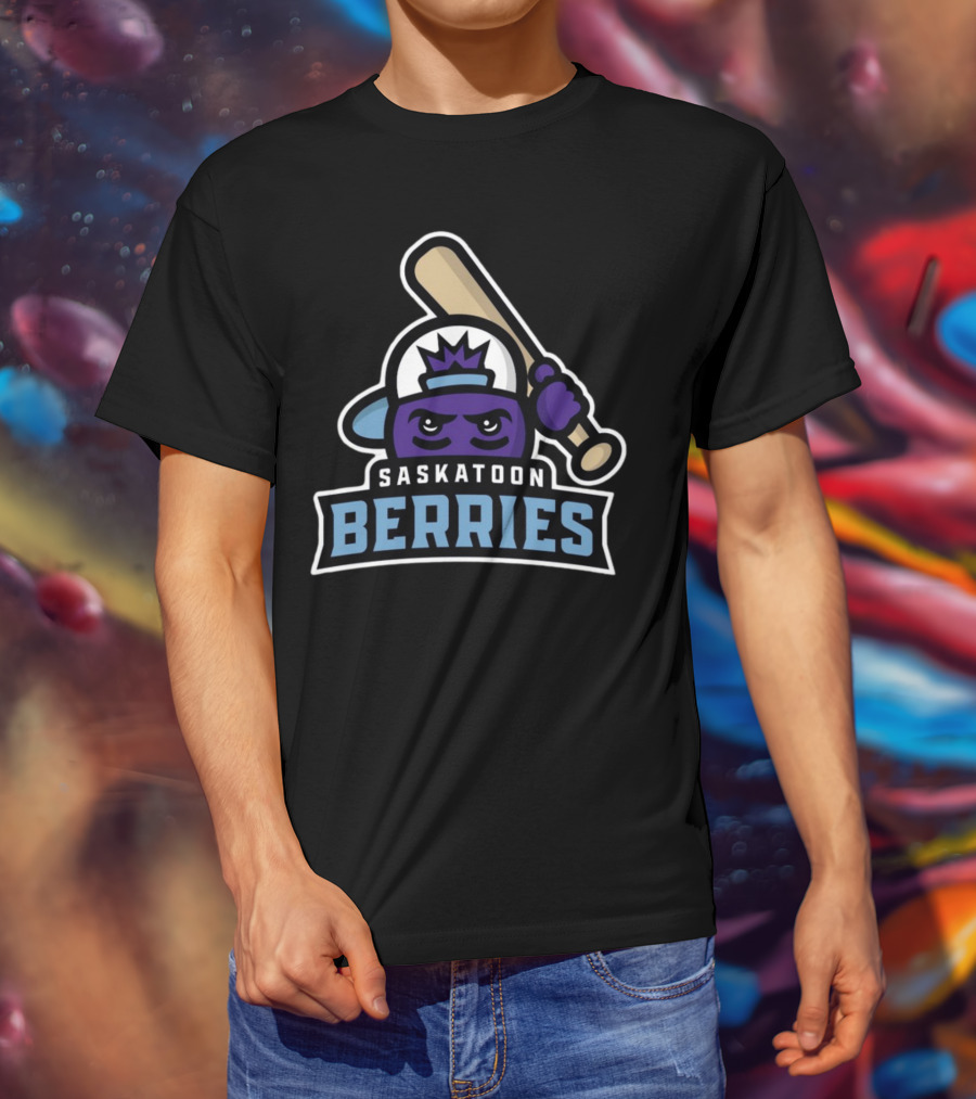 Saskatoon Berries Baseball Mascot With Crown And Bat T-Shirt