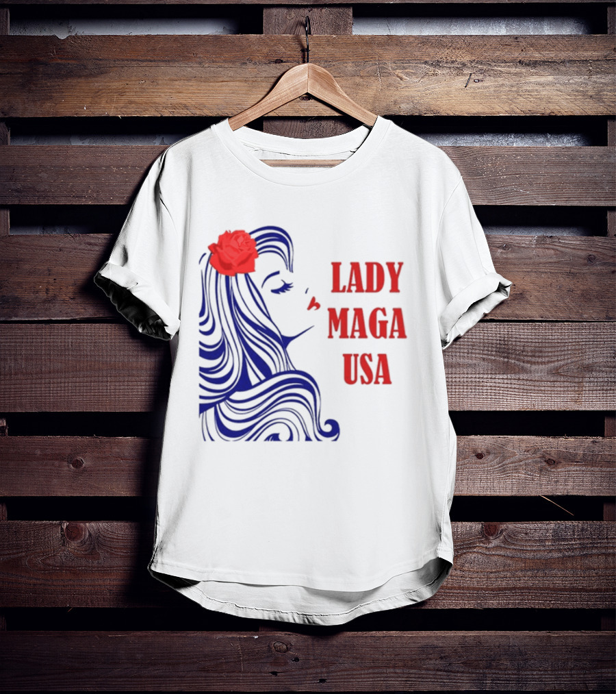 Lady Maga USA Bold Red And Blue Portrait With Rose T-Shirt