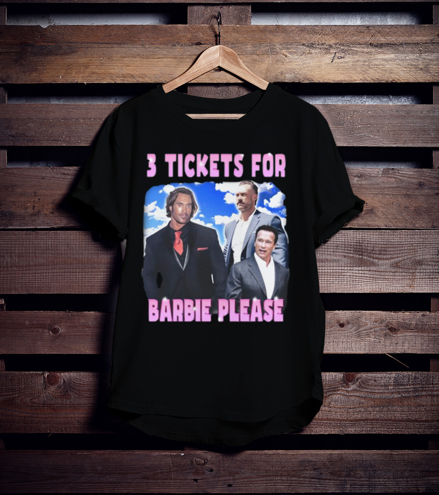 Memeabletees 3 Tickets For Barbie Please With Three Men In Suits T-Shirt