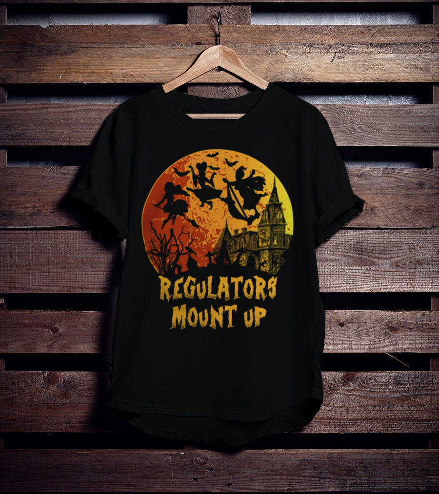Regulators Mount Up Halloween Witches Flying Past Haunted House T-Shirt