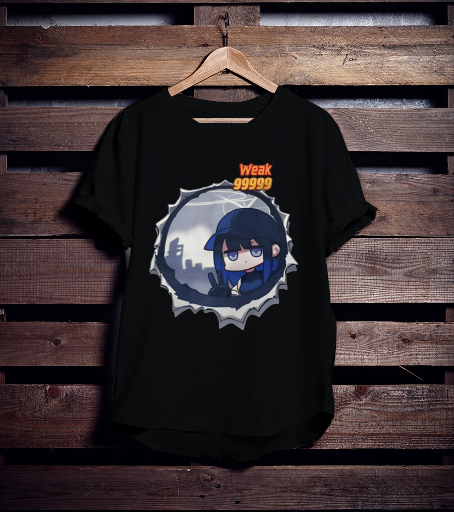 Weak 99999 Manga Character Peering Through Circular Portal T-Shirt