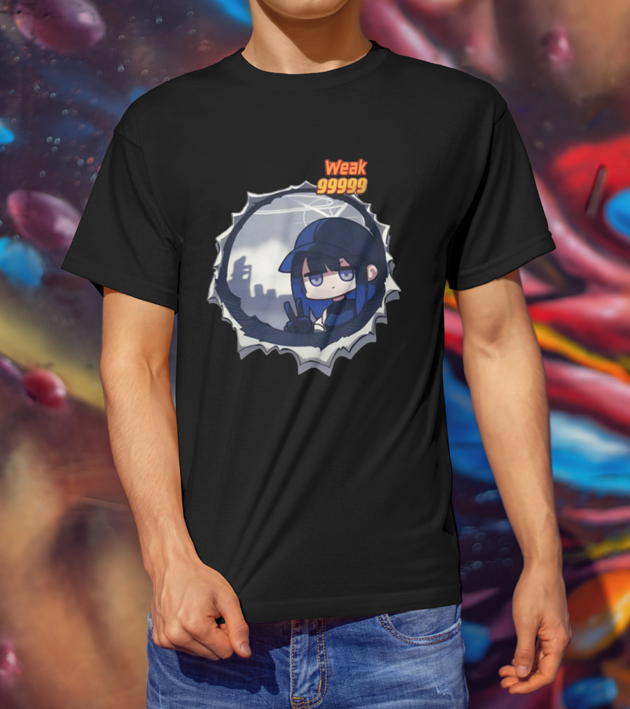 Weak 99999 Manga Character Peering Through Circular Portal T-Shirt