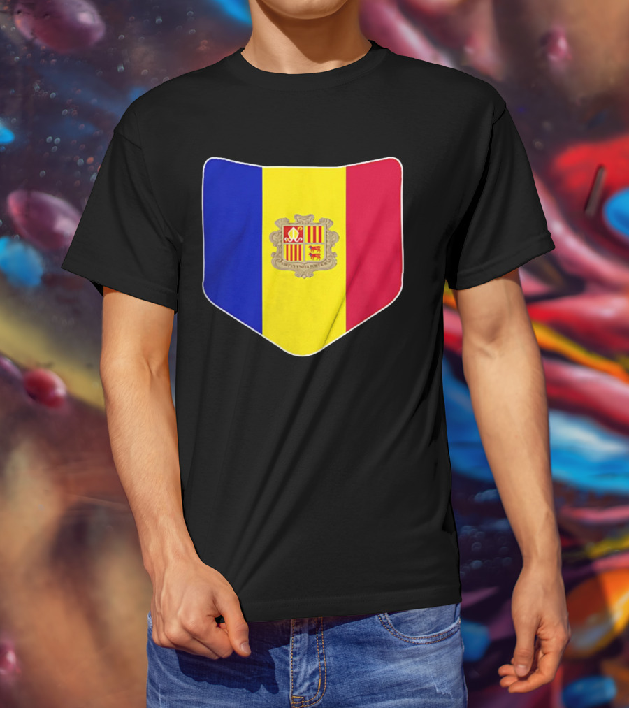Andorra Flag Pocket Print Andorran Colors Crest Emblem T-Shirt