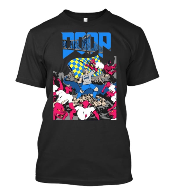 Doom Soccer Player Leading Team With Flag Surrounded By Red Demons T-Shirt