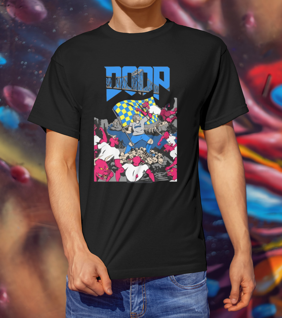 Doom Soccer Player Leading Team With Flag Surrounded By Red Demons T-Shirt