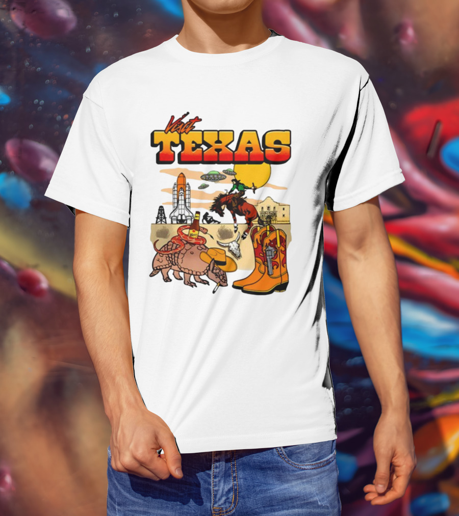 Visit Texas Armadillo Cowboy Boots Space Shuttle UFOs Rodeo Horse Alamo T-Shirt