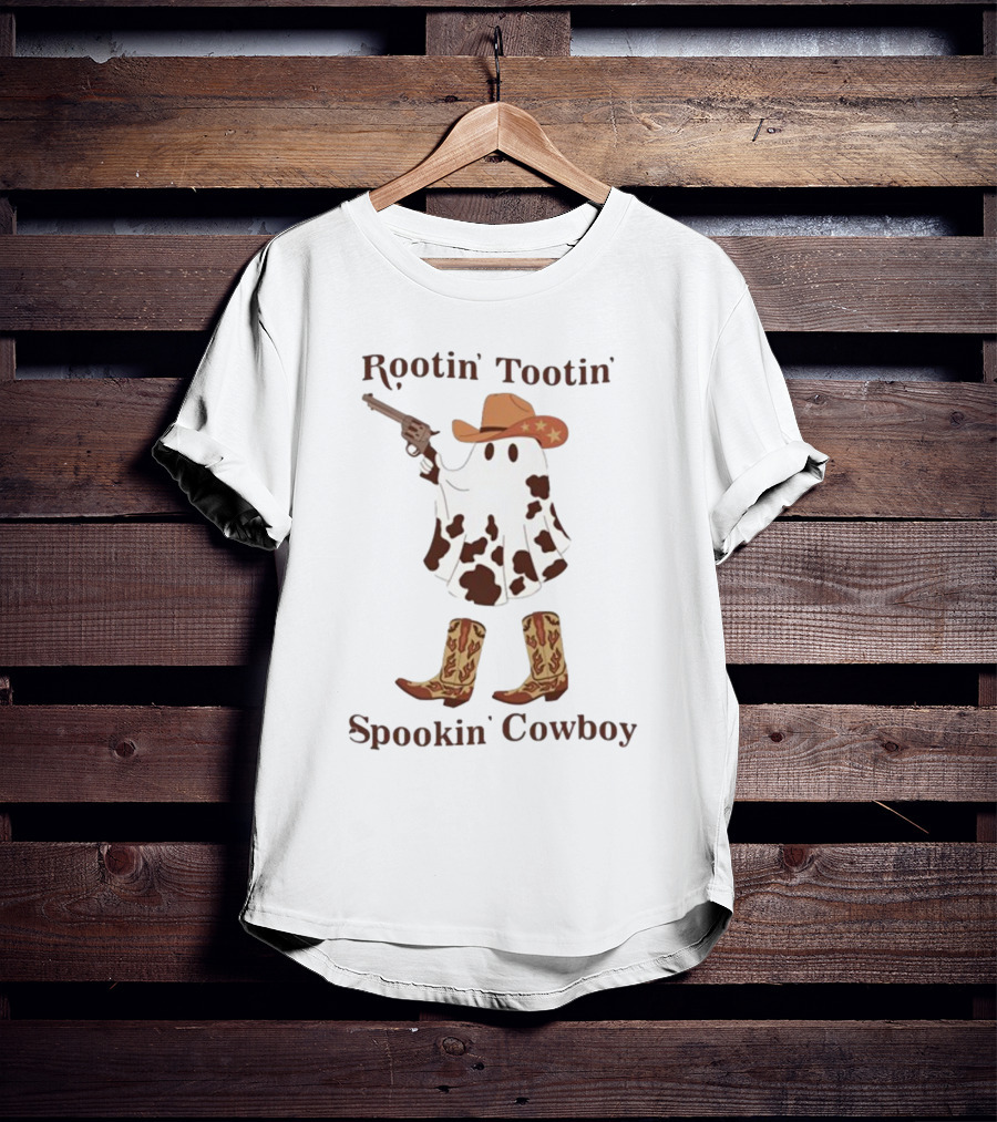 Gotfunny Rootin' Tootin' Spookin' Cowboy Brown Boots Ghost Hat Gun Blazing T-Shirt