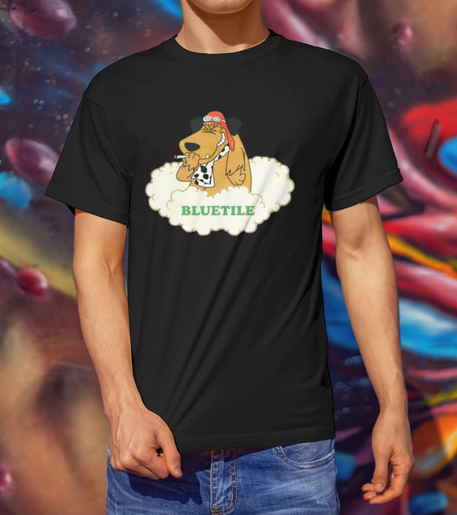Bluetile Smiling Dog With Aviator Goggles And Bone Scarf In Clouds T-Shirt