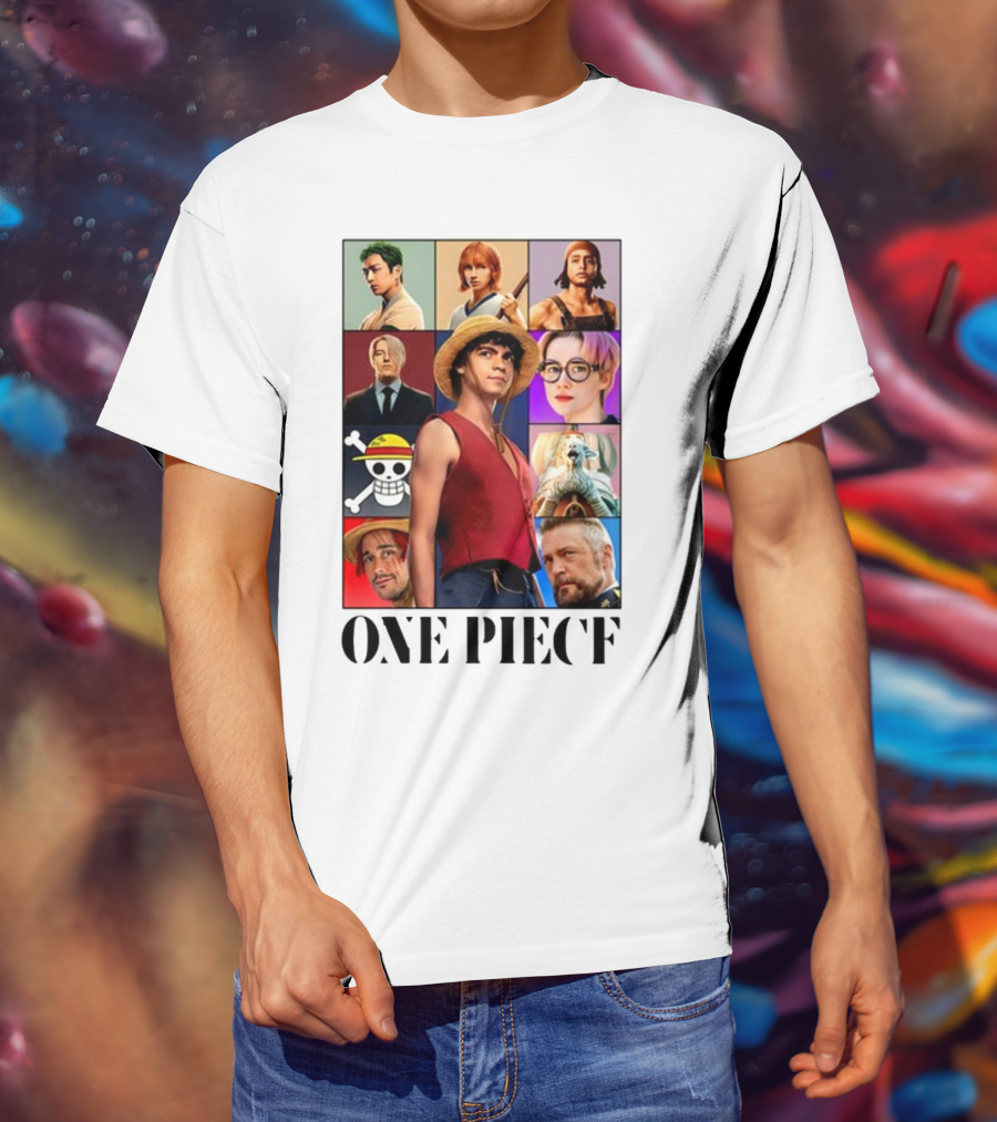 One Piece Characters Collage With Skull And Straw Hat T-Shirt