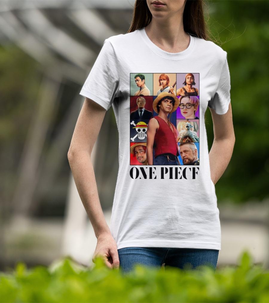 One Piece Characters Collage With Skull And Straw Hat T-Shirt