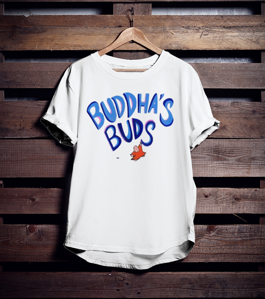 Buddha's Buds Blue Lettering With Cartoon Figure T-Shirt