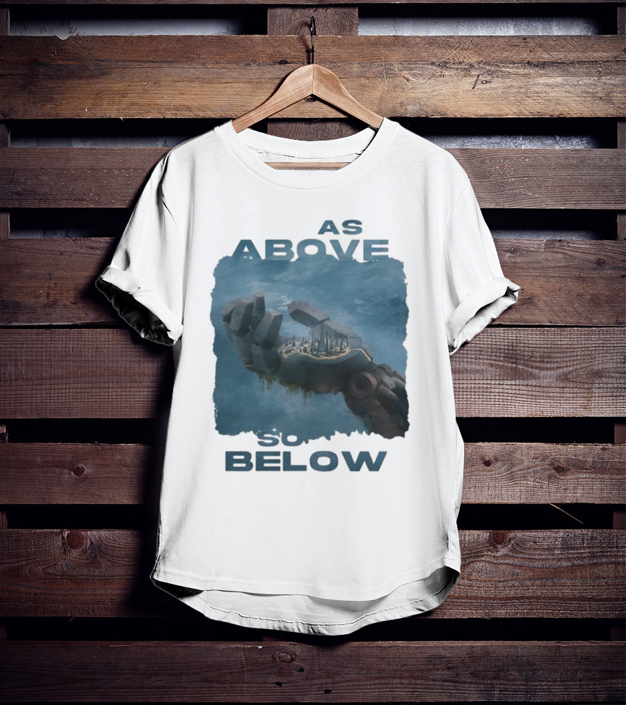 Essenger X Cryoshell As Above So Below Robotic Hand Holding Cityscape T-Shirt
