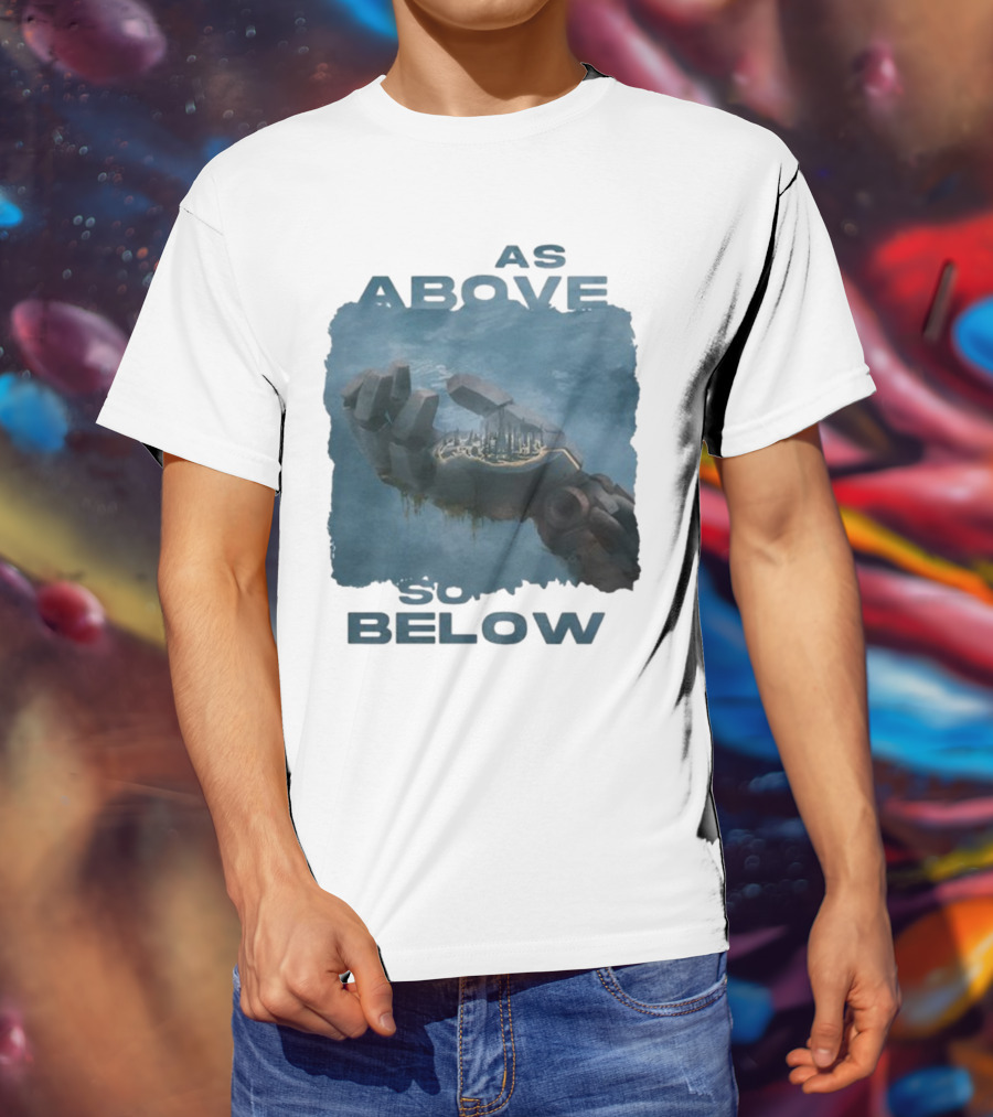 Essenger X Cryoshell As Above So Below Robotic Hand Holding Cityscape T-Shirt