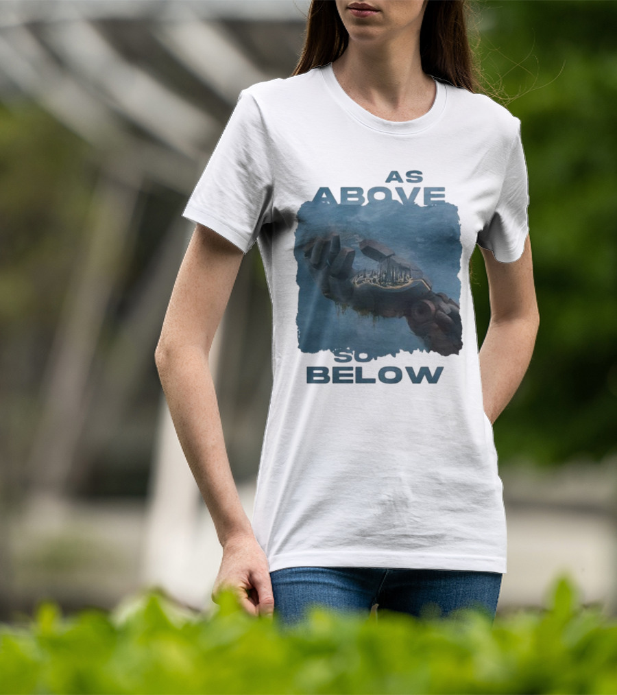Essenger X Cryoshell As Above So Below Robotic Hand Holding Cityscape T-Shirt
