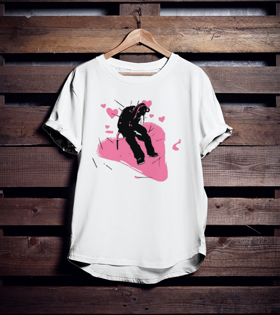Drokenji Hearts White Pink Heart Black T-Shirt