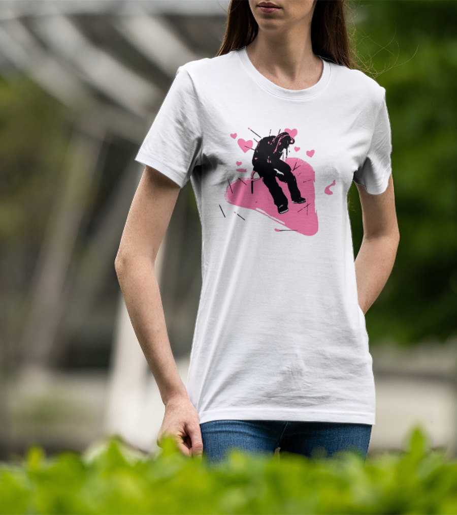 Drokenji Hearts White Pink Heart Black T-Shirt