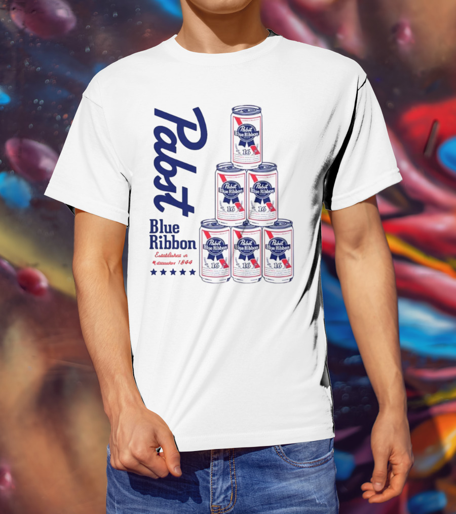 Pabst Blue Ribbon Beer Can Pyramid Established 1844 T-Shirt