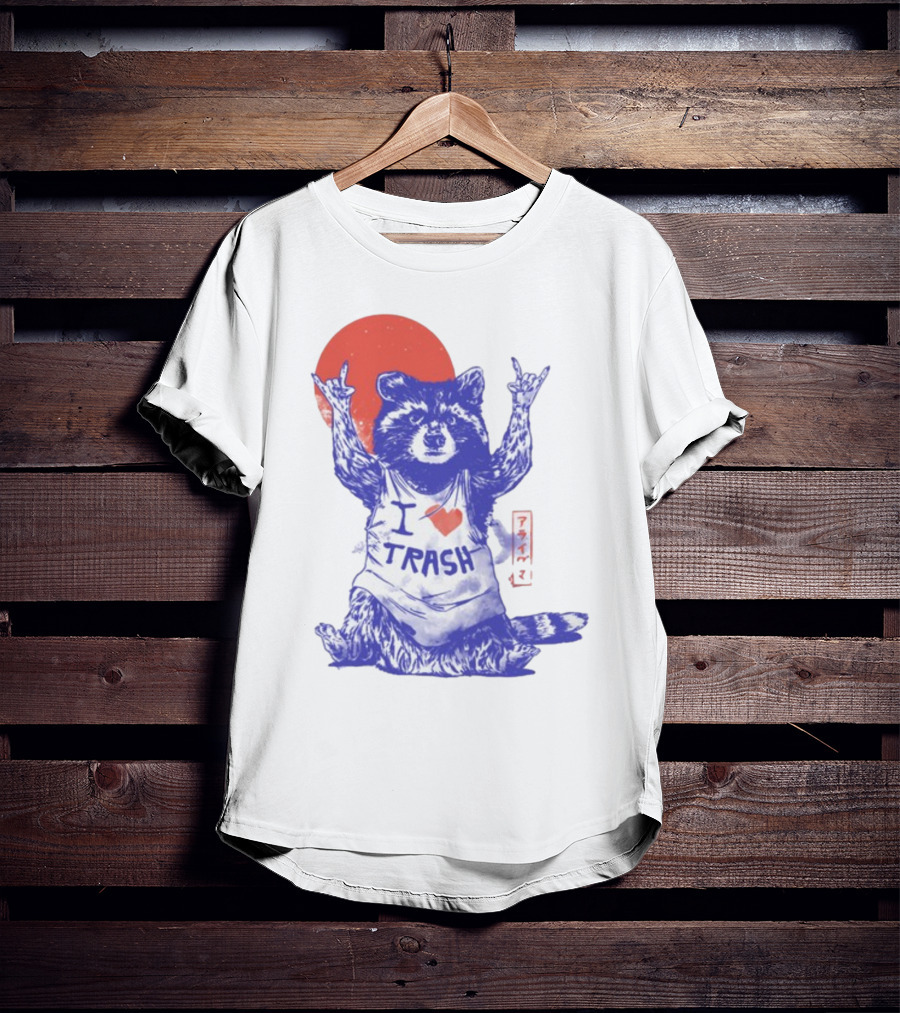 Wickedclothes I Love Trash Raccoon Rock Gesture Red Moon T-Shirt