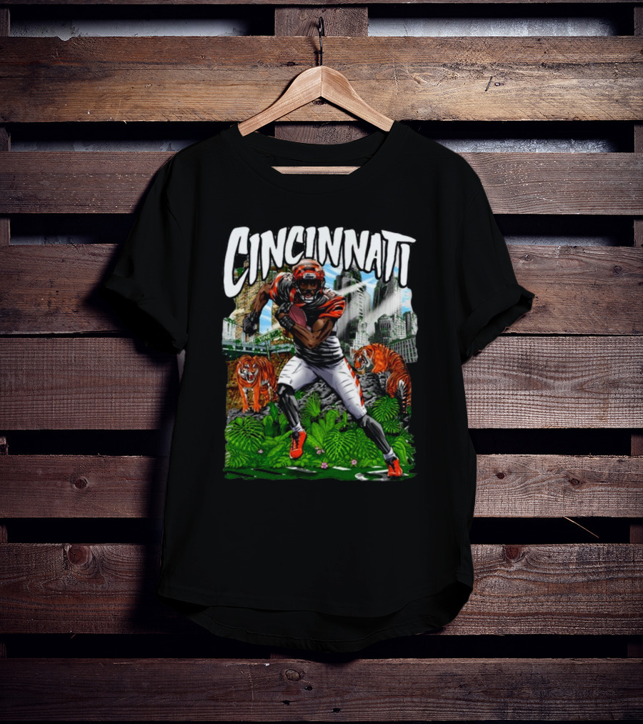 Cincinnati Jungle Football Player With Tigers And City Skyline T-Shirt