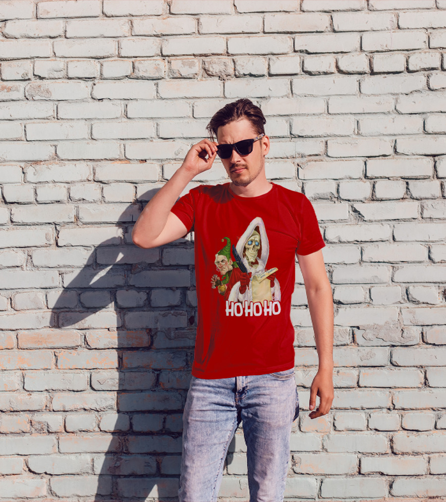 Ho Ho Ho Death With Albert Hogs Santa Skeleton And Elf T-Shirt