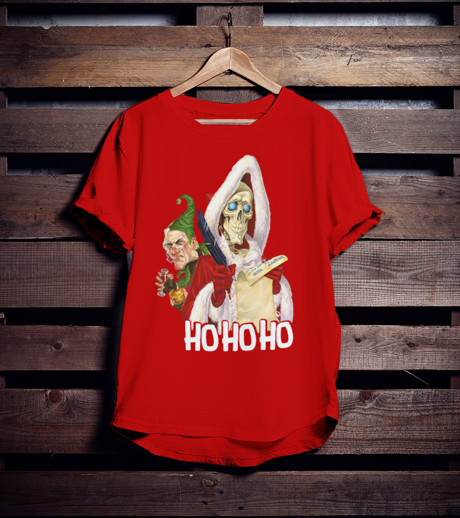 Ho Ho Ho Death With Albert Hogs Santa Skeleton And Elf T-Shirt