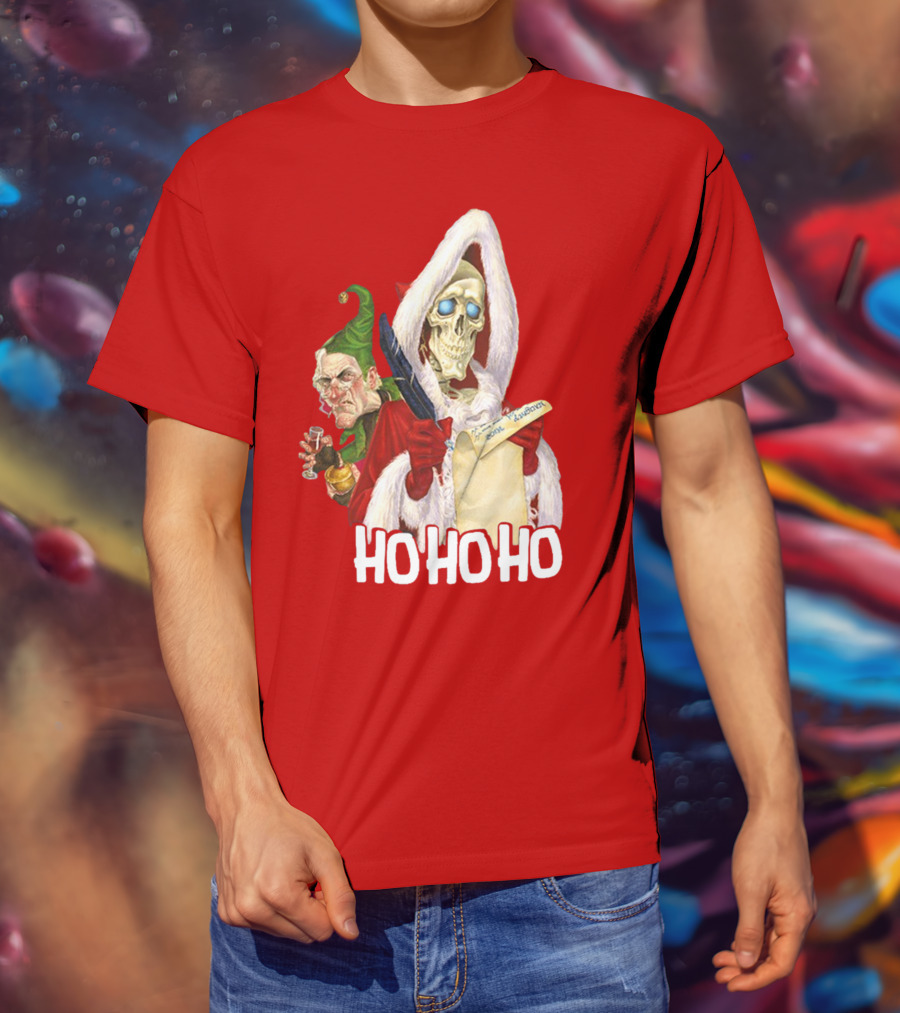 Ho Ho Ho Death With Albert Hogs Santa Skeleton And Elf T-Shirt