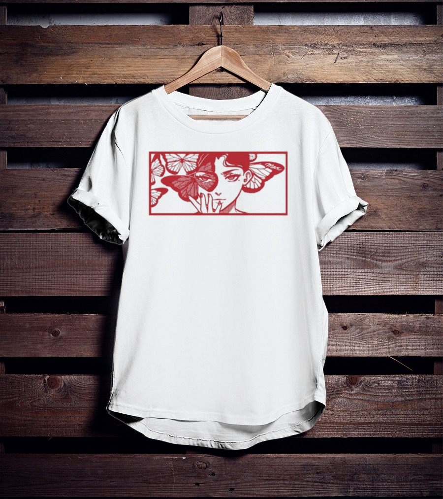 Maxmusic Enigmatic Red Butterflies And Woman In Rectangular Frame T-Shirt