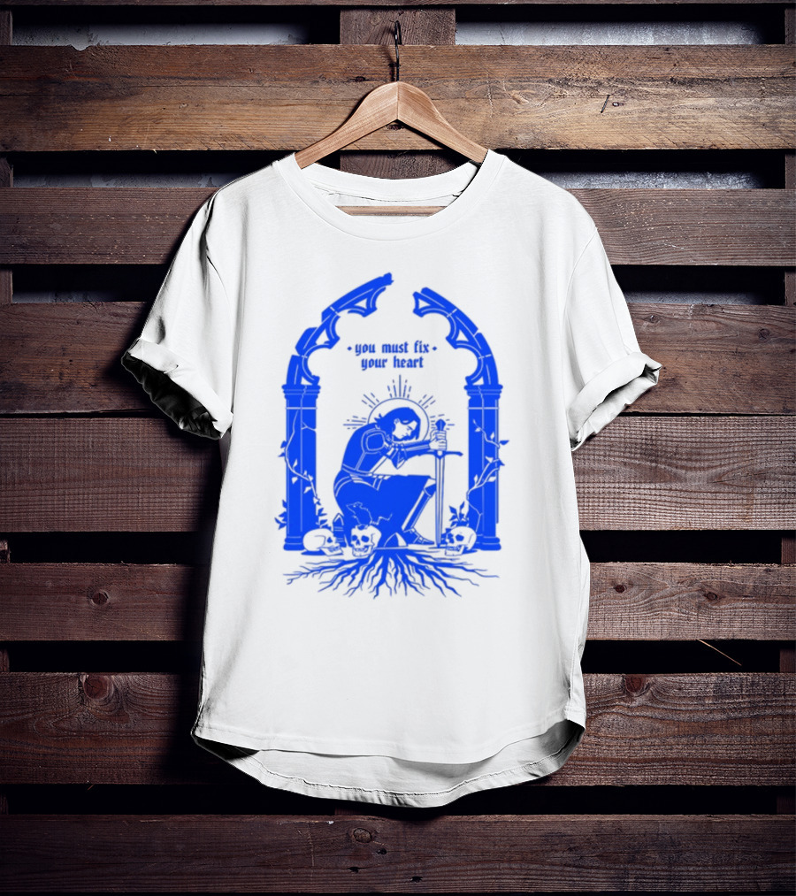 You Must Fix Your Heart Kneeling Skeleton With Sword And Skull Gothic Arch T-Shirt