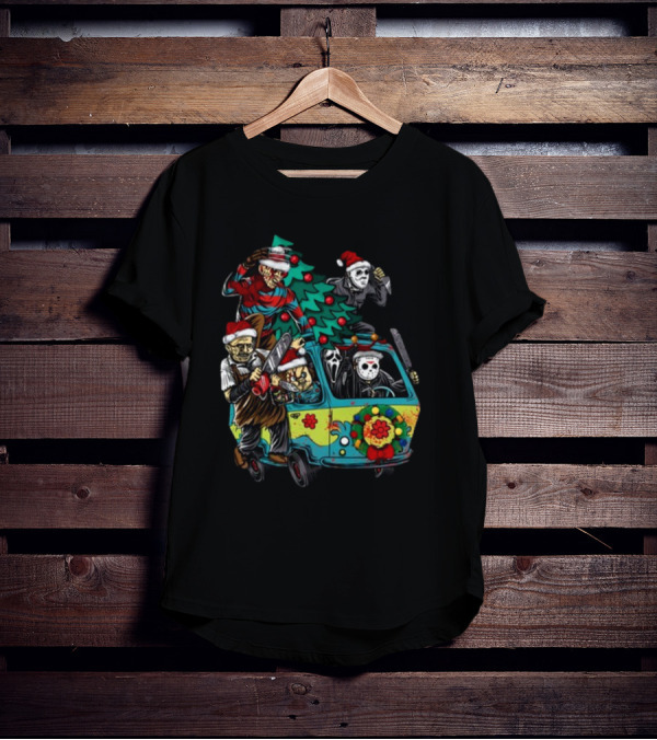 Horror Movie Characters In Christmas Santa Hats With Tree On Fun Van T-Shirt
