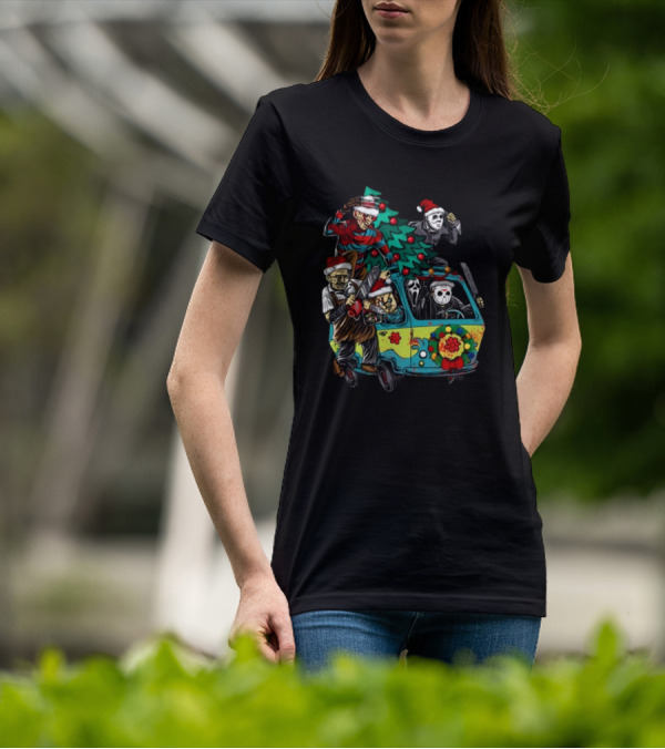 Horror Movie Characters In Christmas Santa Hats With Tree On Fun Van T-Shirt