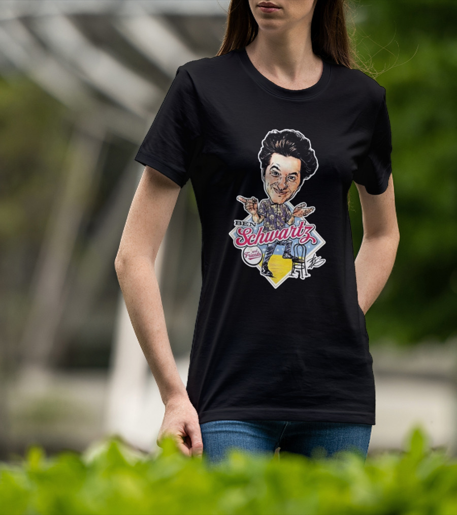 Ben Schwartz Character Illustration With Yellow Stage And Blue Chair T-Shirt