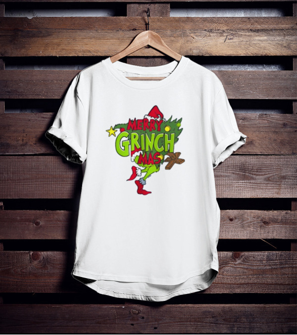 Merry Grinchmas Tree With Santa Hat And Holiday Decorations T-Shirt