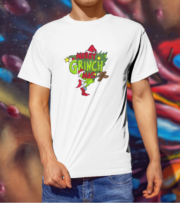 Merry Grinchmas Tree With Santa Hat And Holiday Decorations T-Shirt