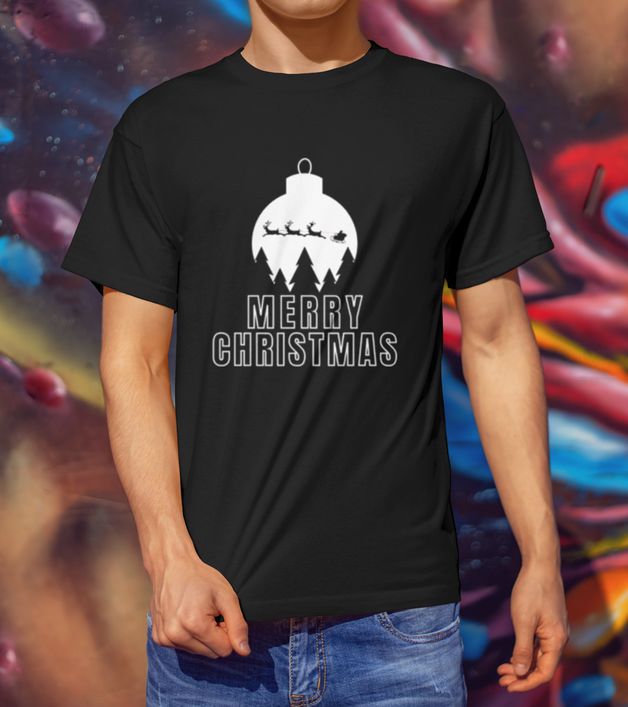 Merry Christmas Ornament Reindeer Sleigh And Trees T-Shirt