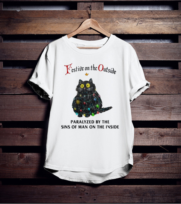 Festive On The Outside Paralyzed By The Sins Of Man On The Inside Cat Wrapped In Christmas Lights T-Shirt
