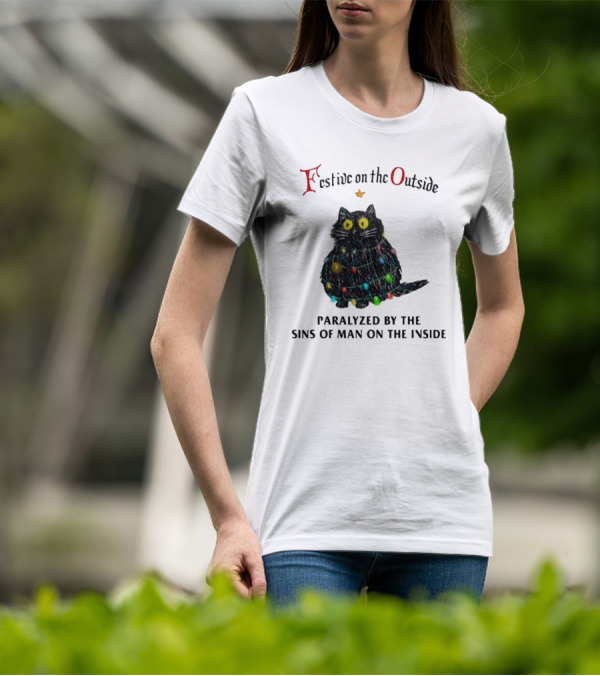 Festive On The Outside Paralyzed By The Sins Of Man On The Inside Cat Wrapped In Christmas Lights T-Shirt