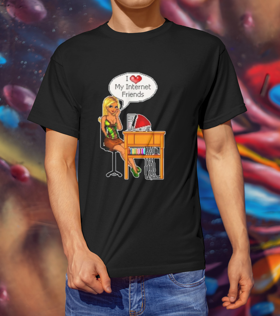 Cherrykitten I Love My Internet Friends Y2K Vintage Blonde Girl At Desk Pixel T-Shirt