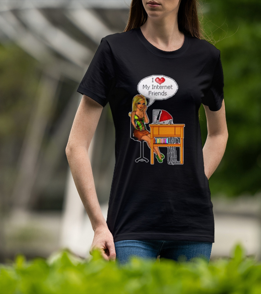 Cherrykitten I Love My Internet Friends Y2K Vintage Blonde Girl At Desk Pixel T-Shirt
