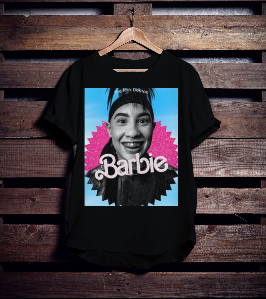 Kick Demon Barbie Smiling Portrait With Pink Starburst Background T-Shirt