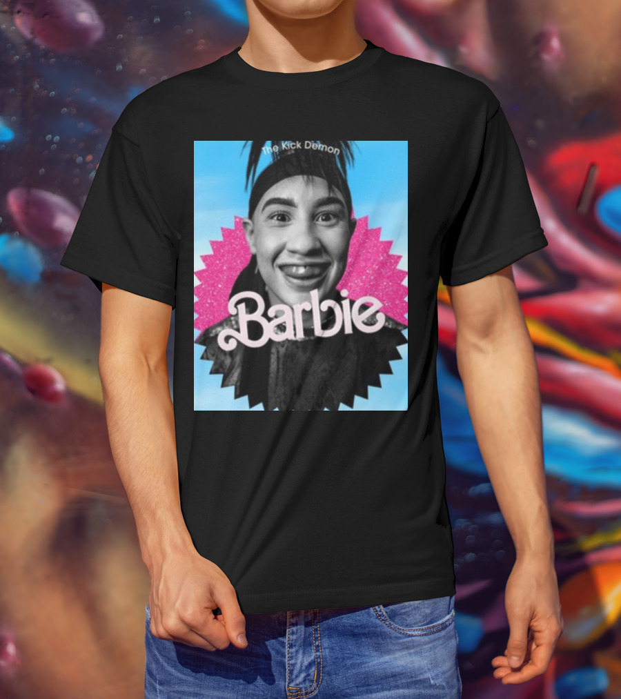 Kick Demon Barbie Smiling Portrait With Pink Starburst Background T-Shirt