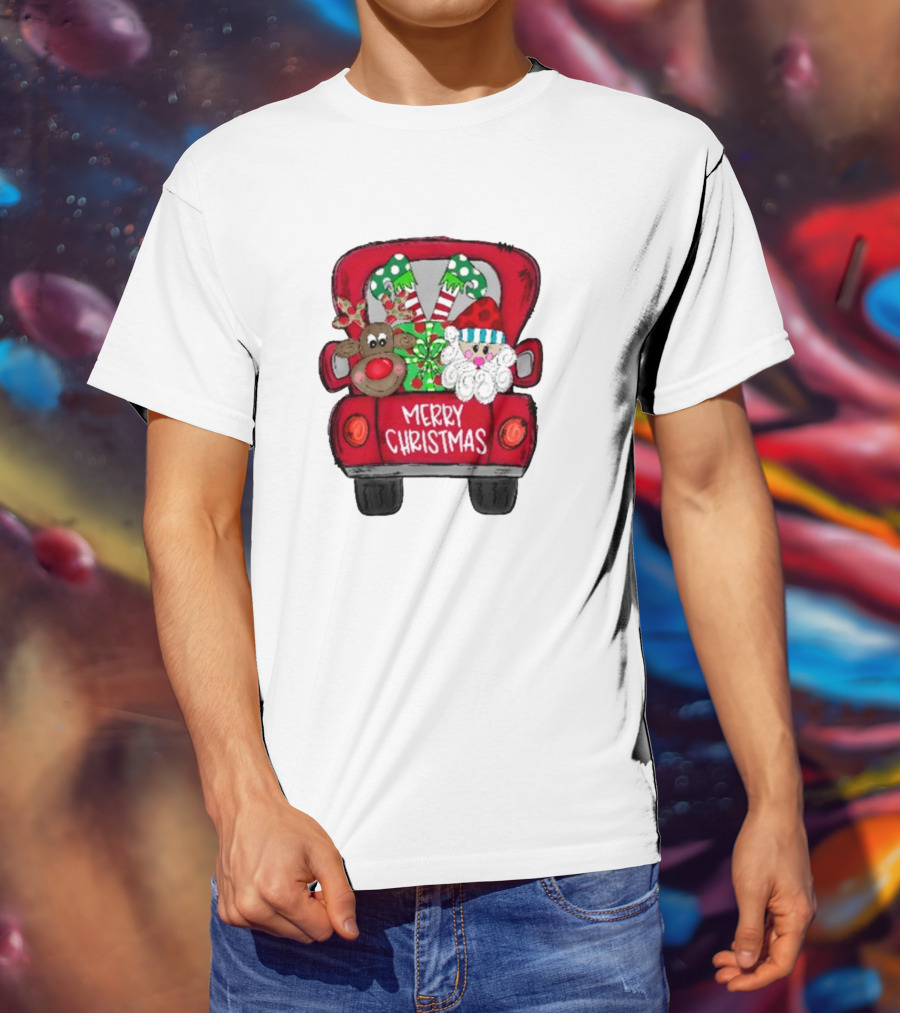 Merry Christmas Santa And Reindeer With Presents In Truck T-Shirt