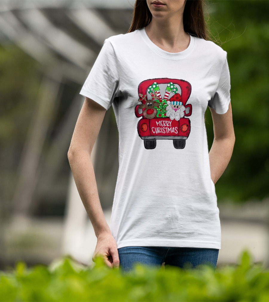 Merry Christmas Santa And Reindeer With Presents In Truck T-Shirt