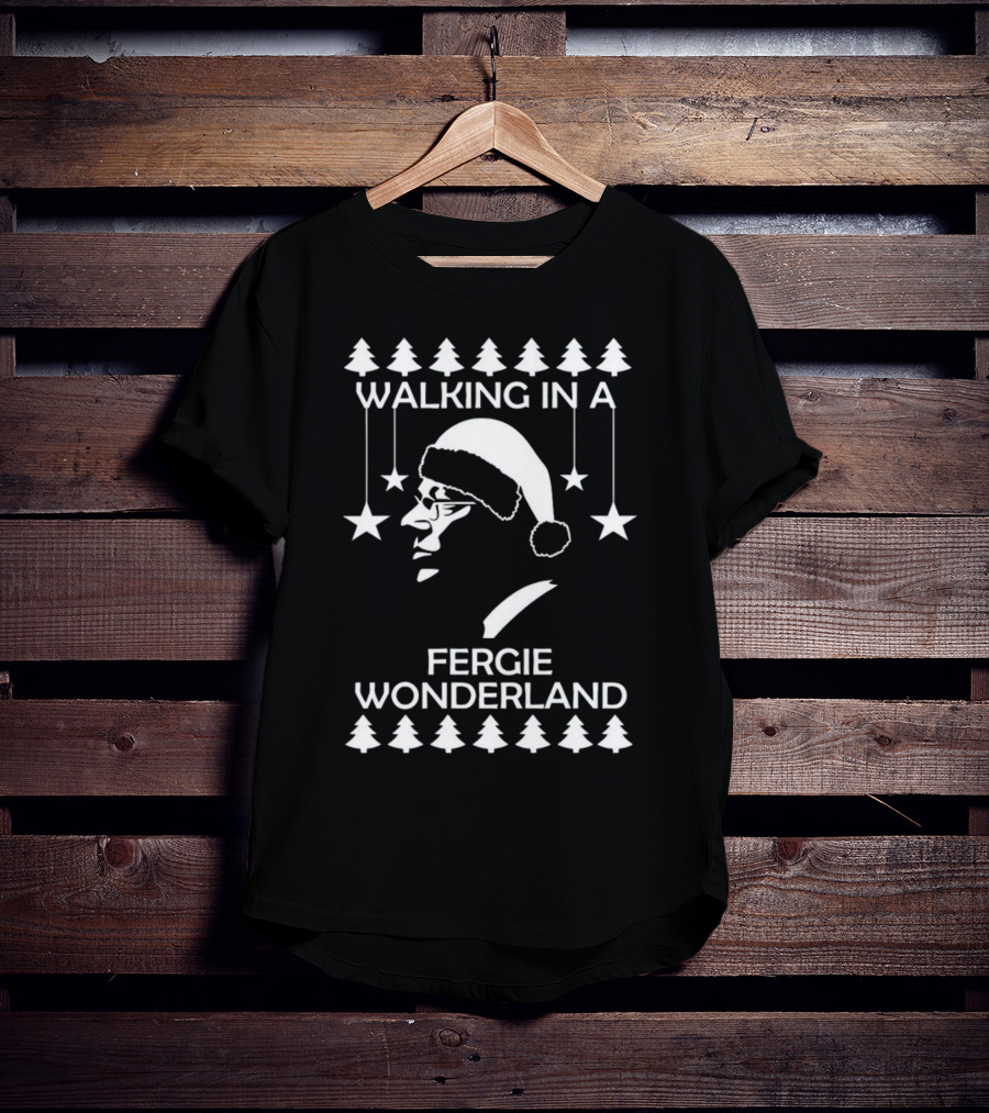 Walking In A Fergie Wonderland Christmas Festive Santa Hat Trees Stars T-Shirt
