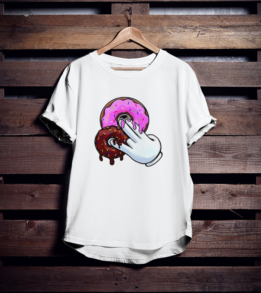 Funnyahhtees Pink And Brown Donuts With Cartoon Glove Hand T-Shirt