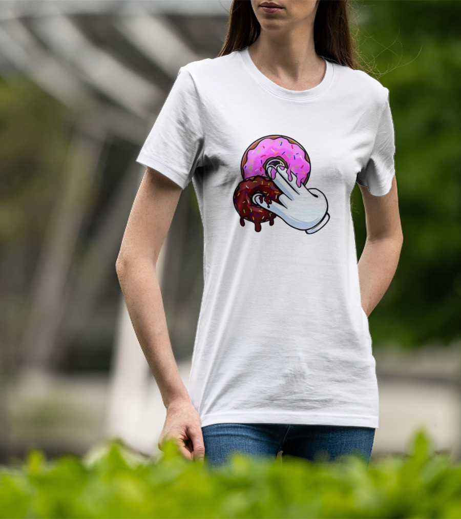 Funnyahhtees Pink And Brown Donuts With Cartoon Glove Hand T-Shirt