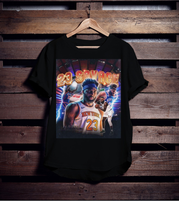 New York Knicks 23 Savage Mitchell Robinson Stadium Lightning Background T-Shirt